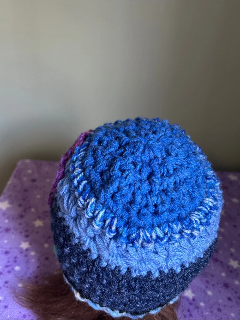 Crocheted Blue & Purple Flower Beanie medium acrylic beanie